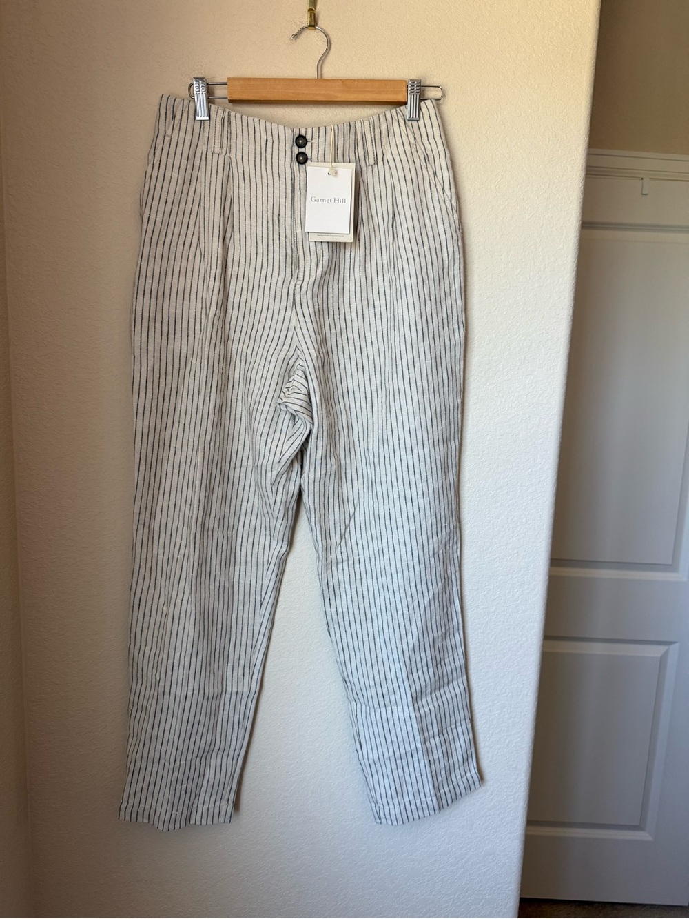 Garnet Hill 100% Linen Striped High Rise Straight Leg Pants Size 8 NWT